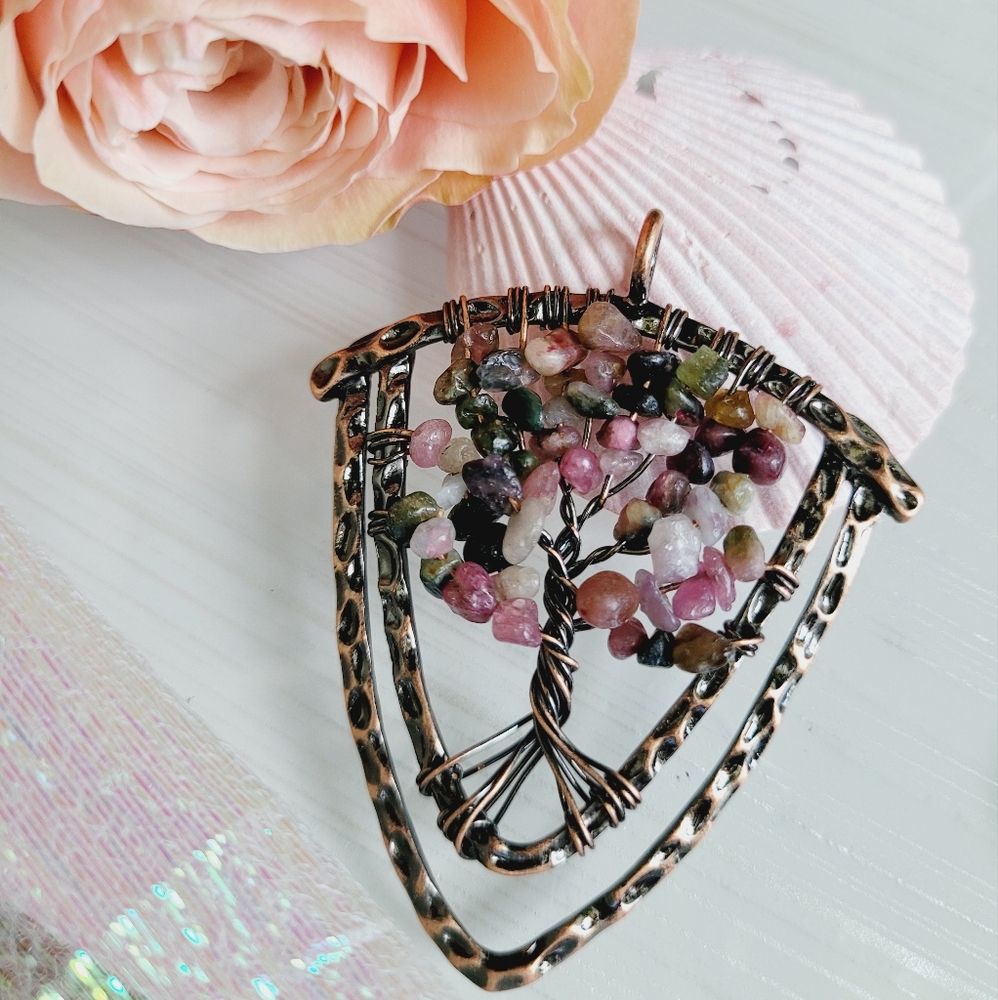 Tourmaline Amethyst Tree of Life Shield Energy Reiki Amulet Pendant *NWT